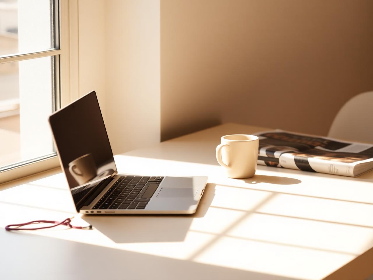 Espace de travail serein, ordinateur portable et tasse de café dans une lumière naturelle